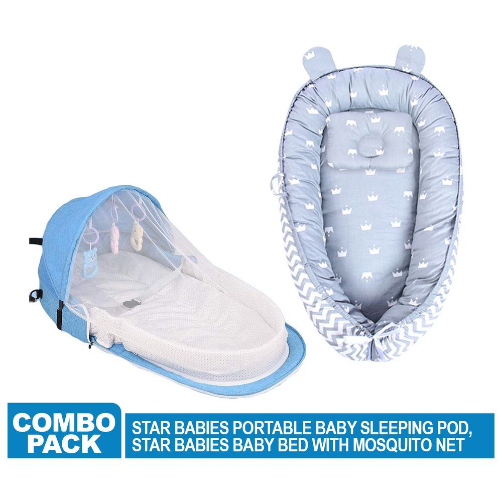 Star Babies - Baby Sleeping Pod & Bed w/ Mosquito Net - Blue/Grey