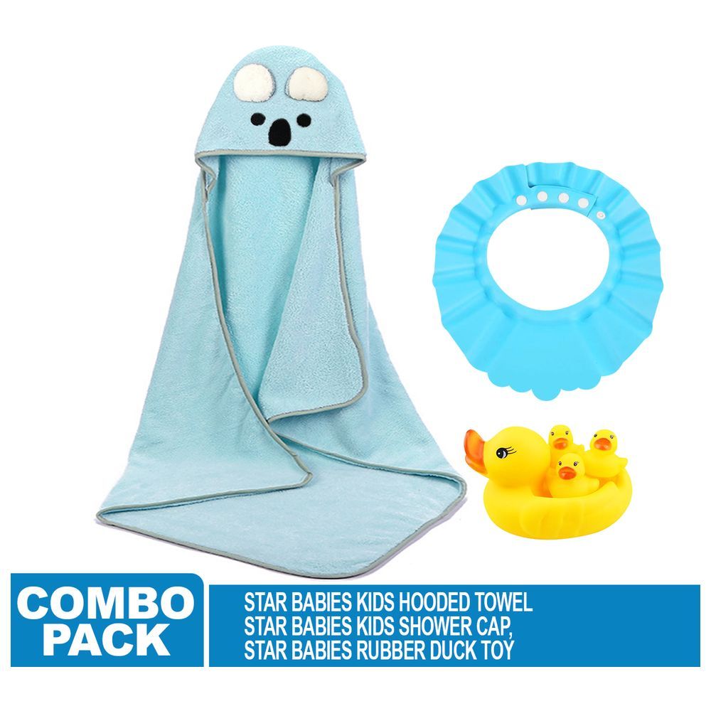 Star Babies - Microfiber Hooded Towel, Kids Shower Cap And Rubber Duck 4pcs - Blue