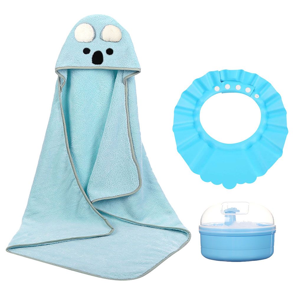 Star Babies - Microfiber Hooded Towel, Kids Shower Cap With Powder Puff - Blue