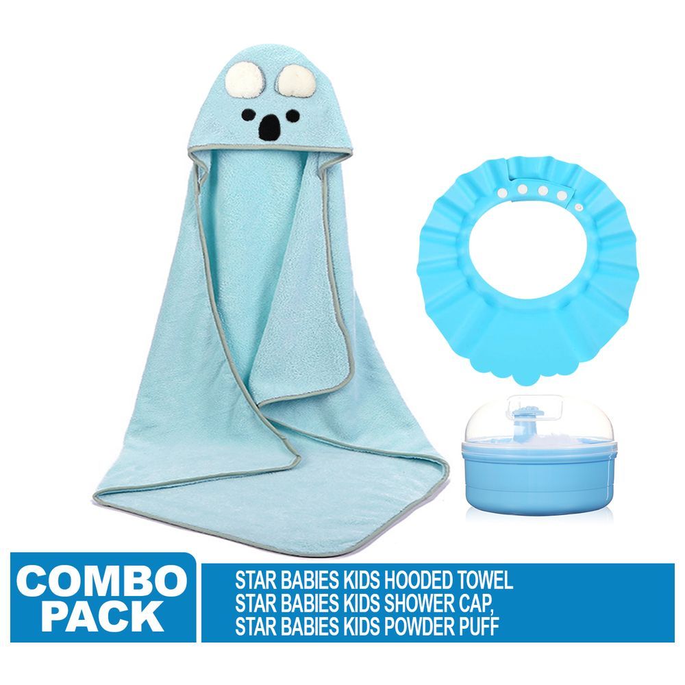 Star Babies - Microfiber Hooded Towel, Kids Shower Cap With Powder Puff - Blue