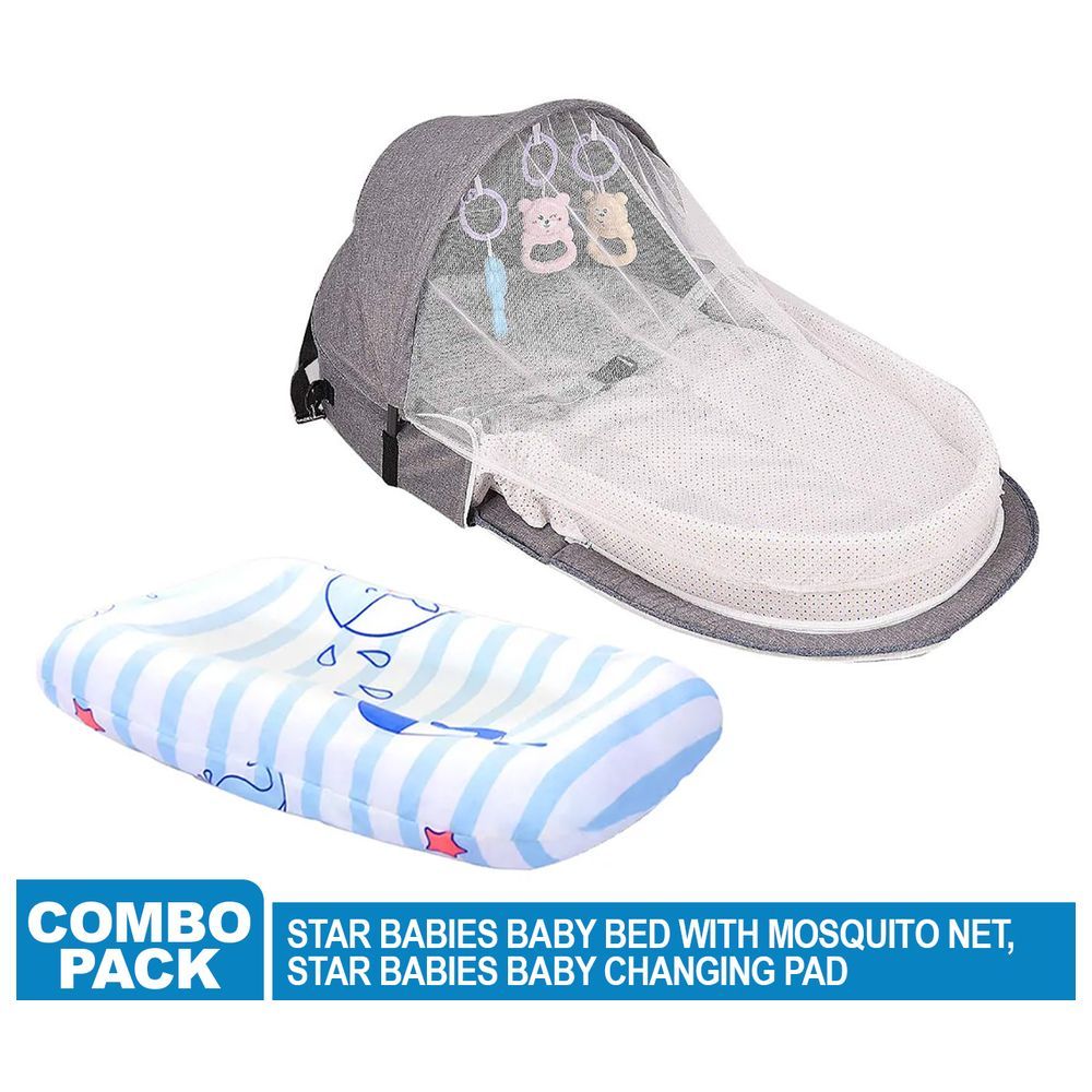 Star Babies - Bed w/ Mosquito Net & Printed Changing Pad - Grey/Blue