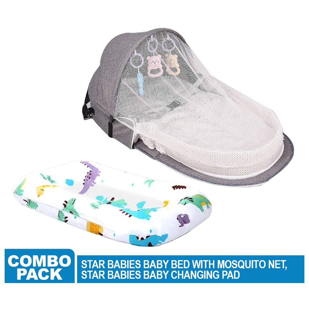 Star Babies - Bed w/ Mosquito Net & Animal Printed Changing Pad - Grey