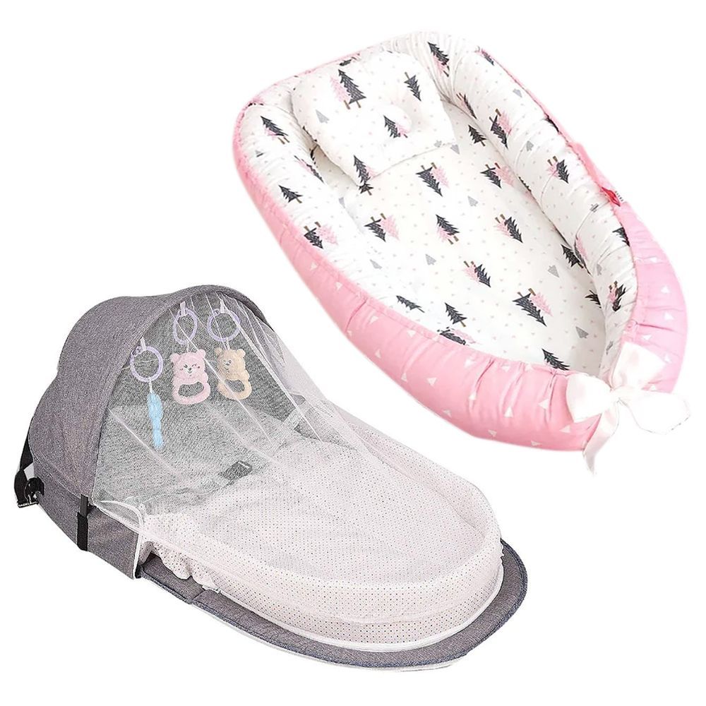 Star Babies - Baby Sleeping Pod & Bed w/ Mosquito Net - Grey/Pink