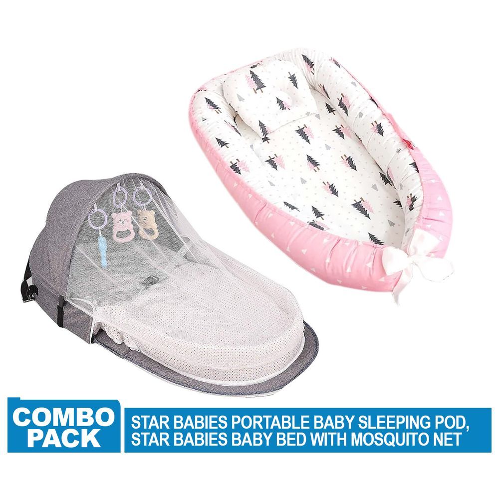 Star Babies - Baby Sleeping Pod & Bed w/ Mosquito Net - Grey/Pink