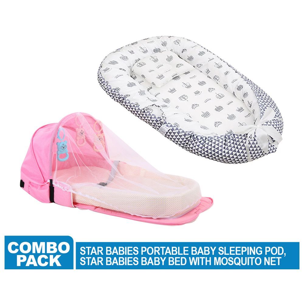 Star Babies - Baby Sleeping Pod & Bed w/ Mosquito Net - Pink/Grey