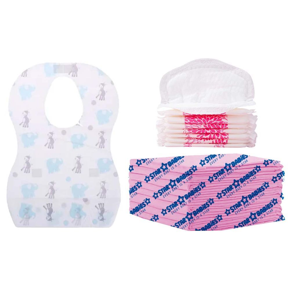 Star Babies - Disposable Changing Mat 8pcs, Breast Pad 8pcs, Bibs 8pcs - Pink