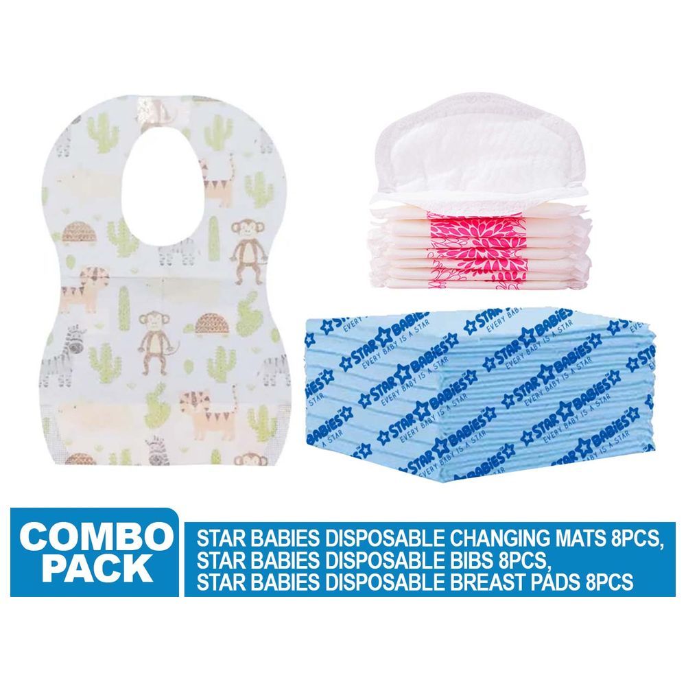 Star Babies - Disposable Changing Mat 8pcs, Breast Pad 8pcs, Bibs 8pcs - Blue