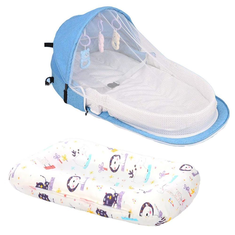 Star Babies - Bed w/ Mosquito Net & Zebra Printed Changing Pad - Blue