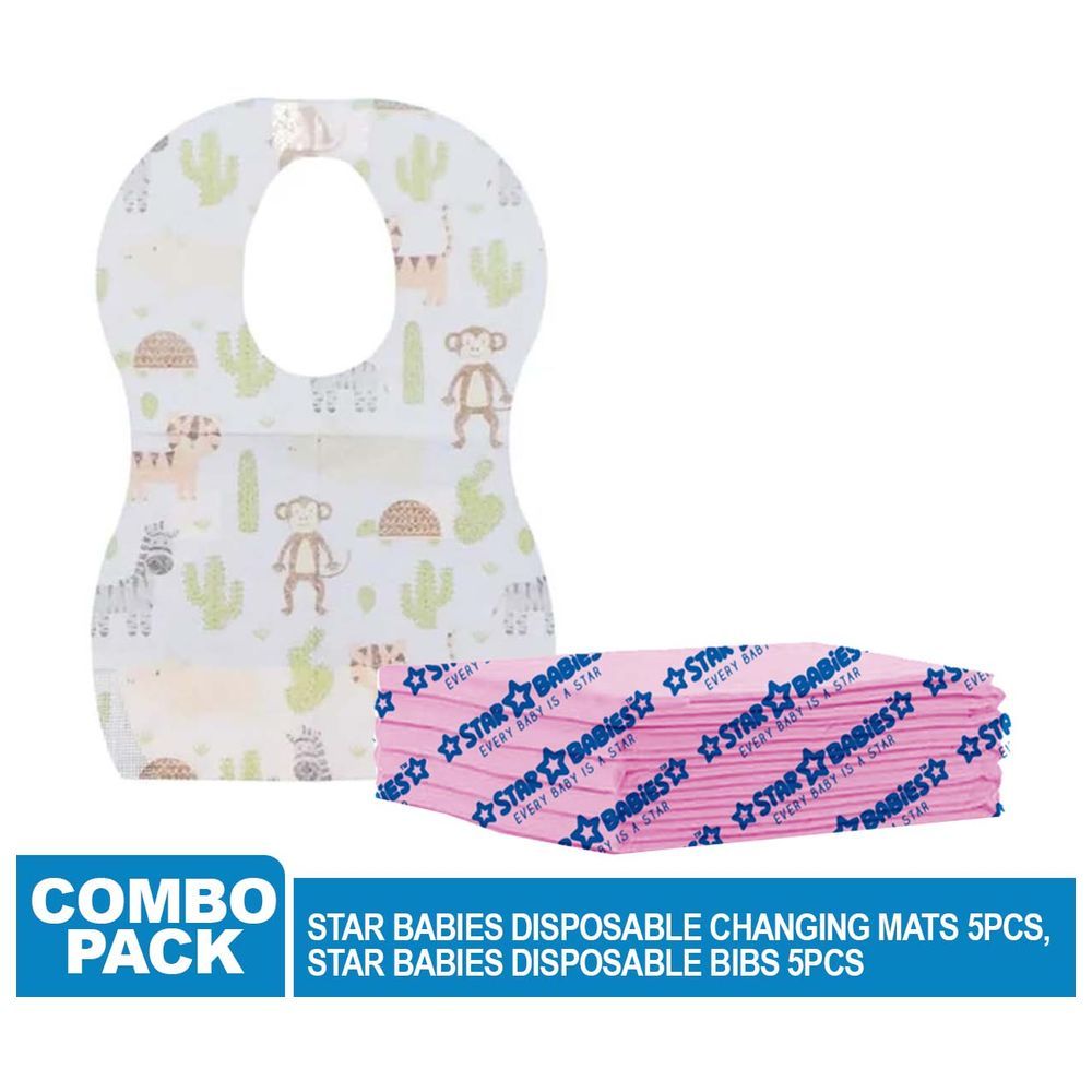 Star Babies - Disposable Changing Mat 5pcs & Bibs 5pcs - Pink