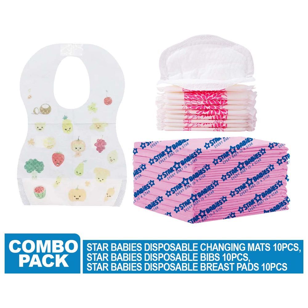 Star Babies - Disposable Changing Mat 10pcs, Breast Pad 10pcs, Bibs 10pcs - Pink