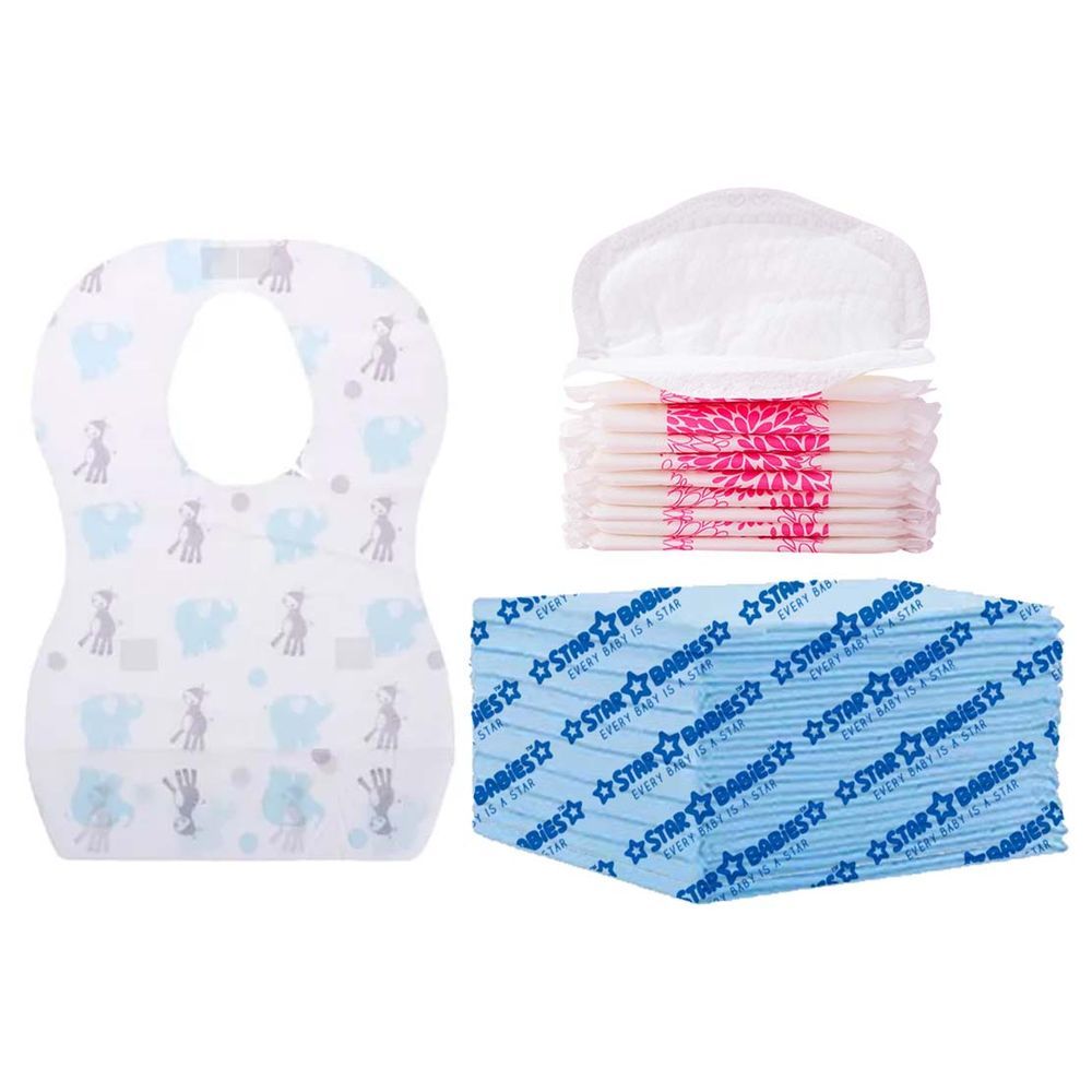 Star Babies - Disposable Changing Mat 10pcs, Breast Pad 10pcs, Bibs 10pcs - Blue