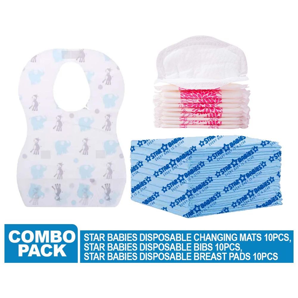 Star Babies - Disposable Changing Mat 10pcs, Breast Pad 10pcs, Bibs 10pcs - Blue