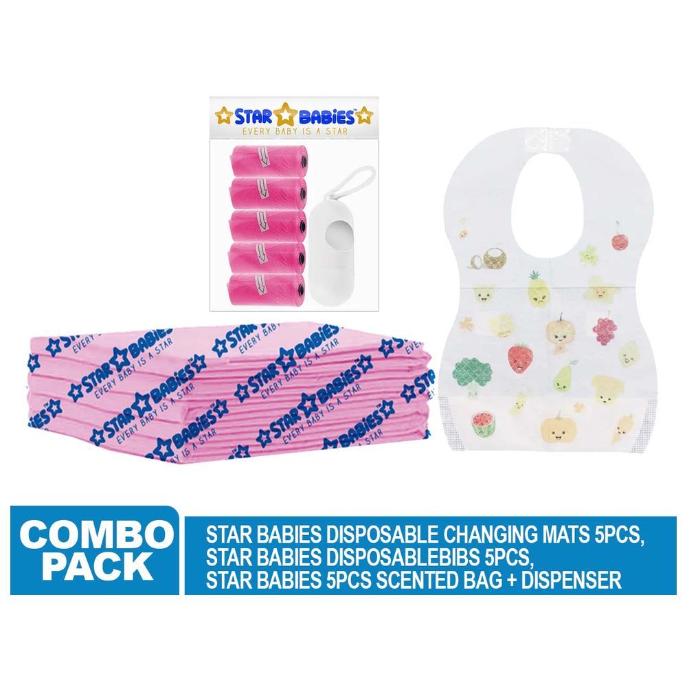 Star Babies - Disposable Changing Mat 5pcs, Bibs 5pcs, Scented Bag w/ Dispenser - Pink