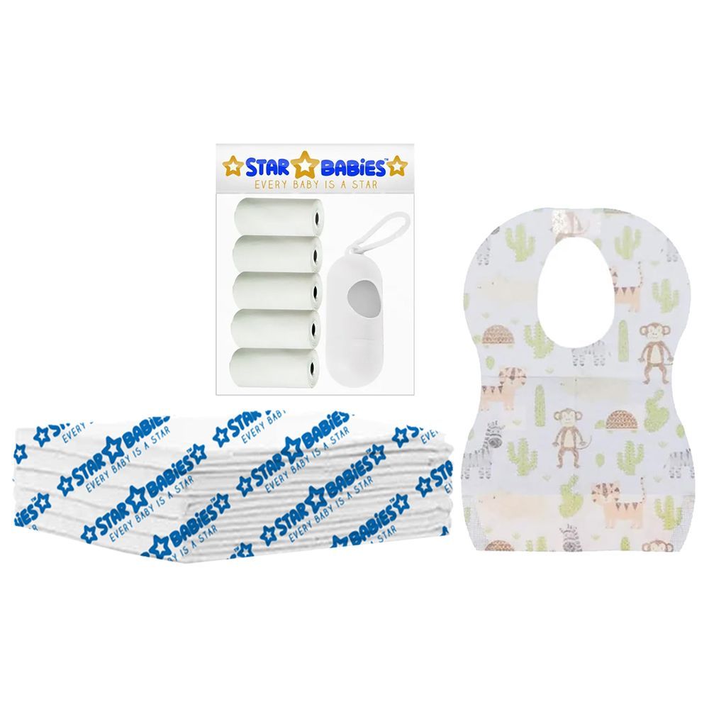 Star Babies - Disposable Changing Mat 5pcs, Bibs 5pcs, Scented Bag w/ Dispenser - White