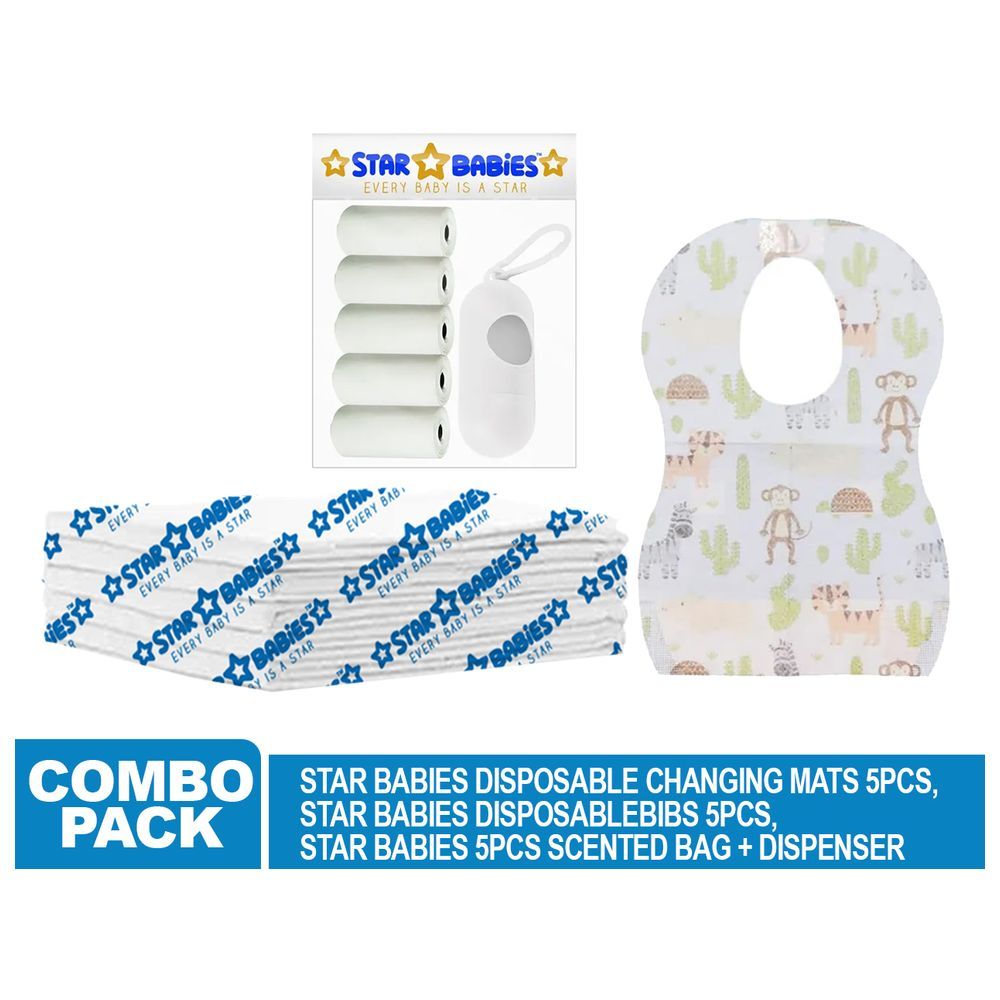 Star Babies - Disposable Changing Mat 5pcs, Bibs 5pcs, Scented Bag w/ Dispenser - White