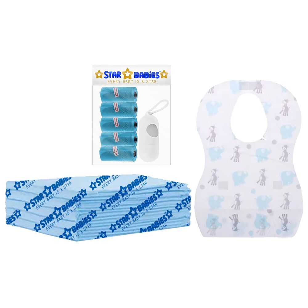 Star Babies - Disposable Changing Mat 5pcs, Bibs 5pcs, Scented Bag w/ Dispenser - Blue