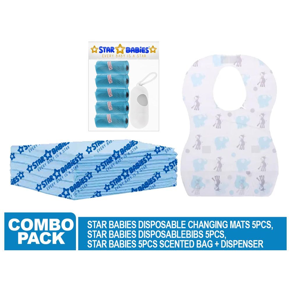 Star Babies - Disposable Changing Mat 5pcs, Bibs 5pcs, Scented Bag w/ Dispenser - Blue