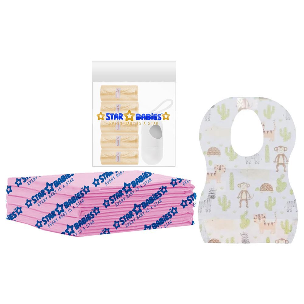 Star Babies - Disposable Changing Mat 5pcs, Bibs 5pcs, Scented Bag w/ Dispenser - Ivory