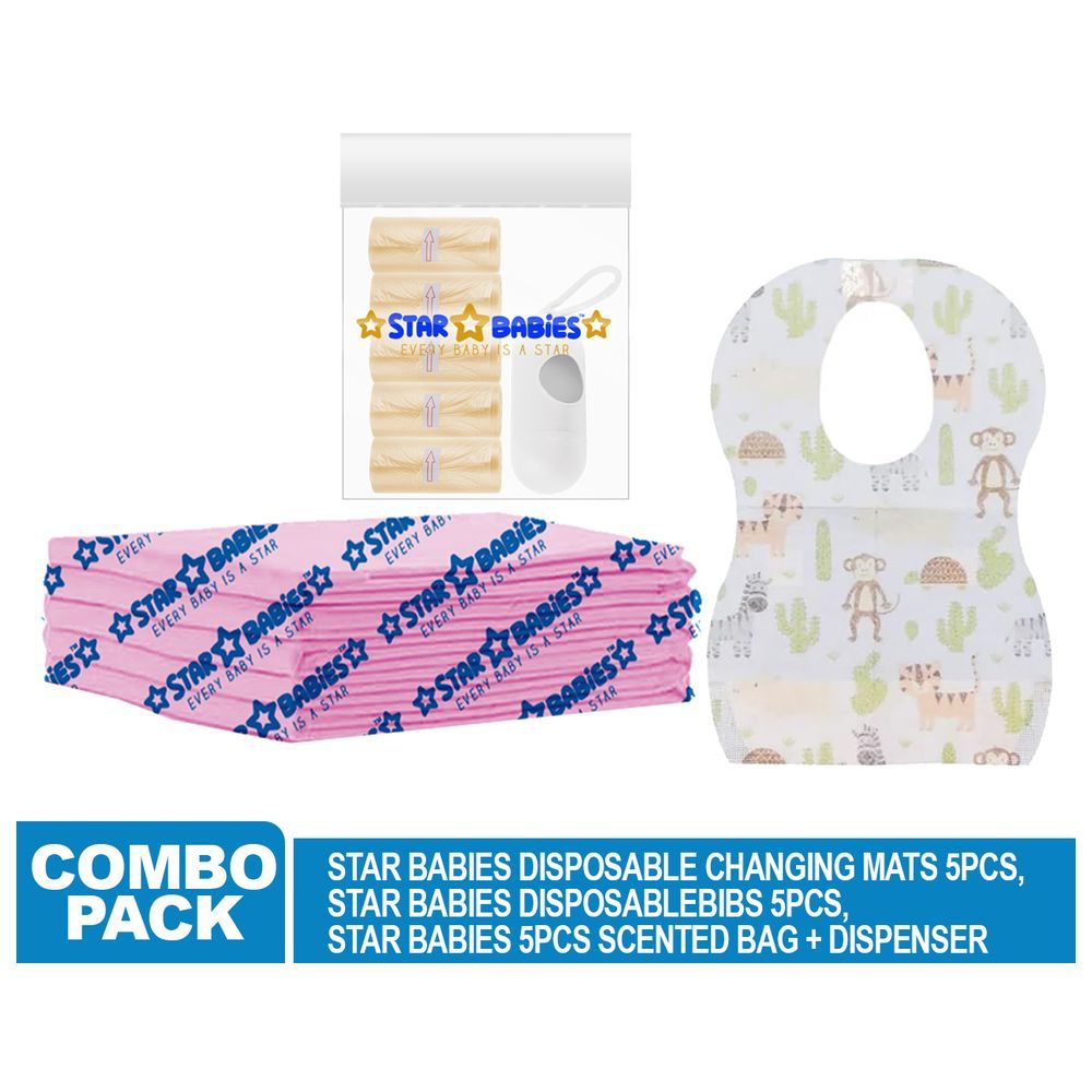 Star Babies - Disposable Changing Mat 5pcs, Bibs 5pcs, Scented Bag w/ Dispenser - Ivory