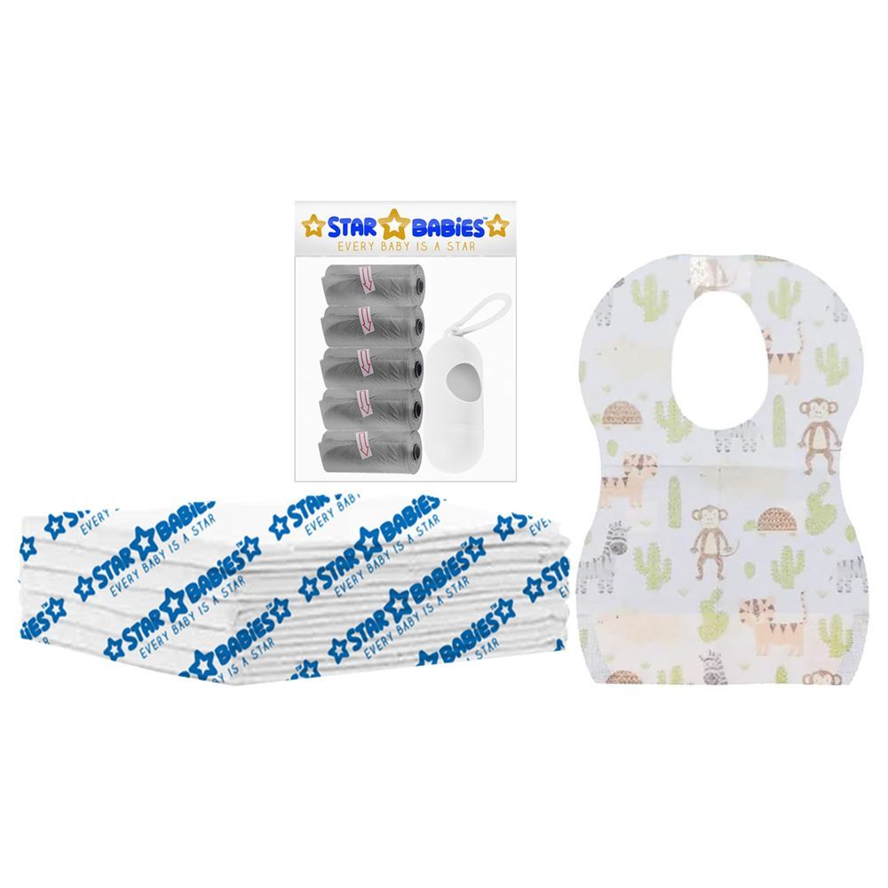 Star Babies - Disposable Changing Mat 5pcs, Bibs 5pcs, Scented Bag w/ Dispenser - Grey