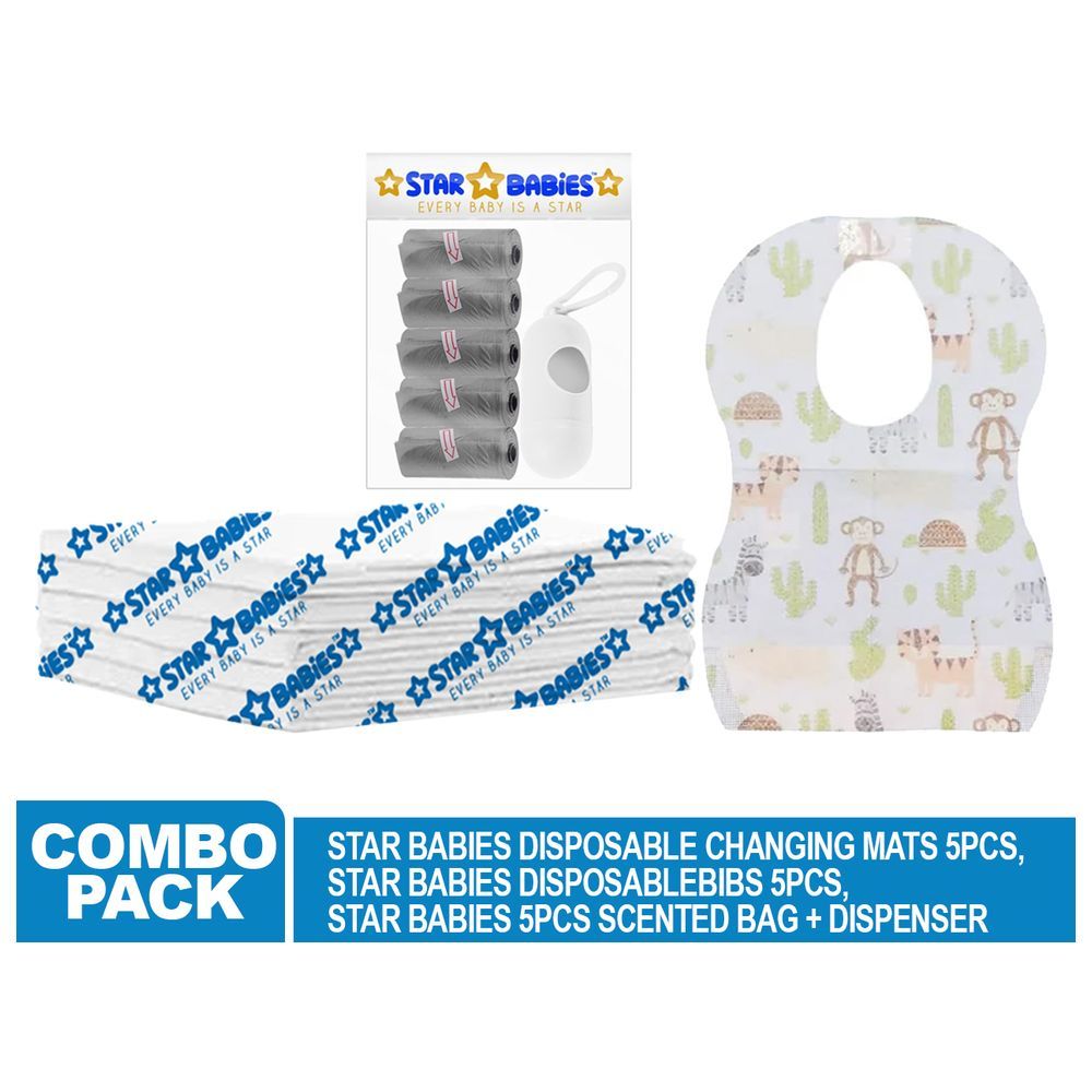 Star Babies - Disposable Changing Mat 5pcs, Bibs 5pcs, Scented Bag w/ Dispenser - Grey