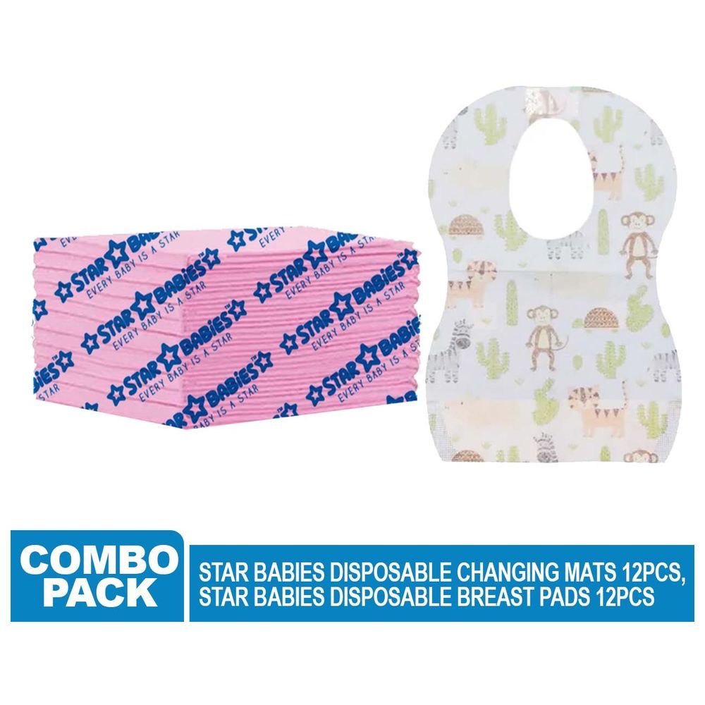 Star Babies - Disposable Changing Mat Pink 12pcs & Bibs 12pcs