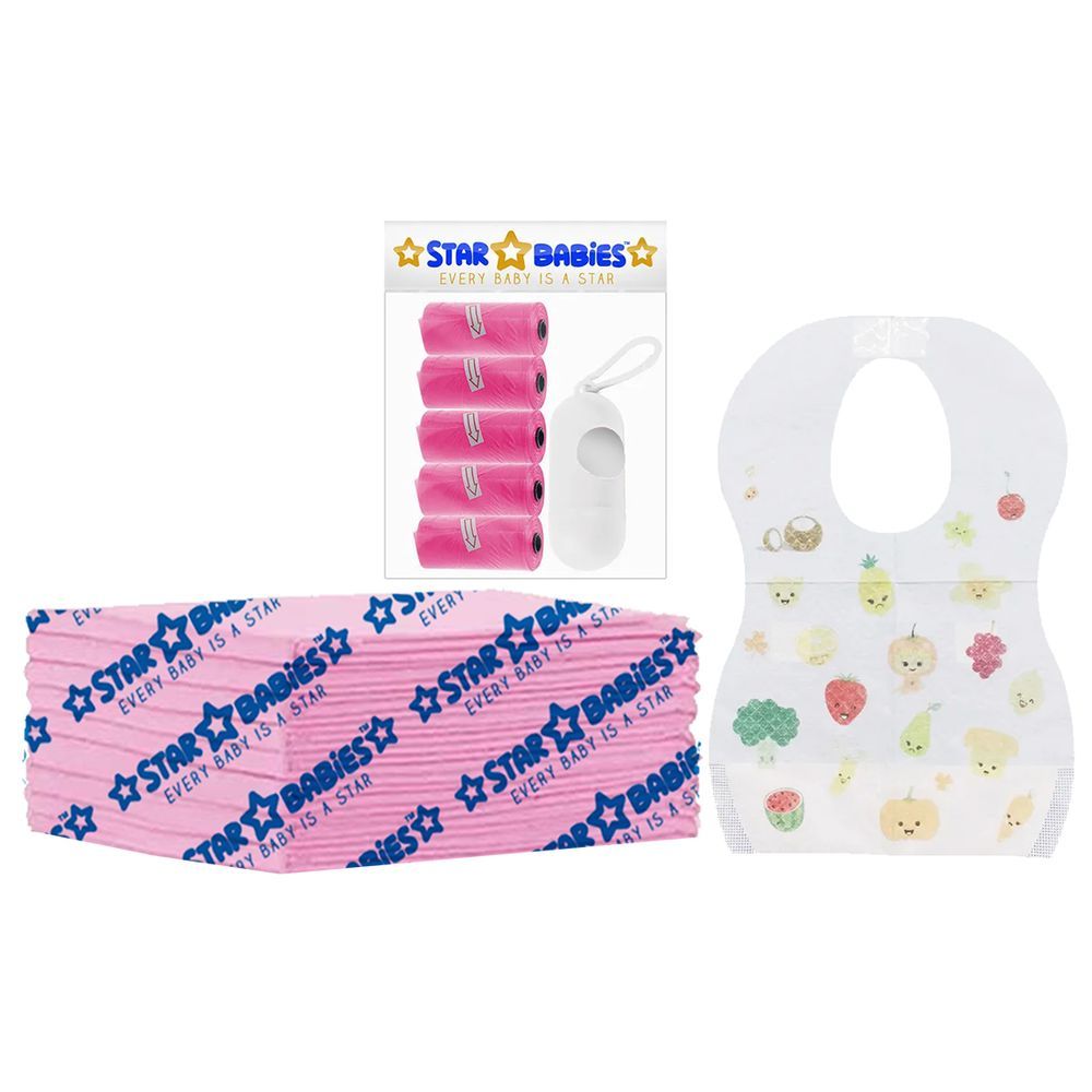 Star Babies - Disposable Changing Mat 8pcs, Bibs 8pcs, Scented Bag w/ Dispenser - Pink