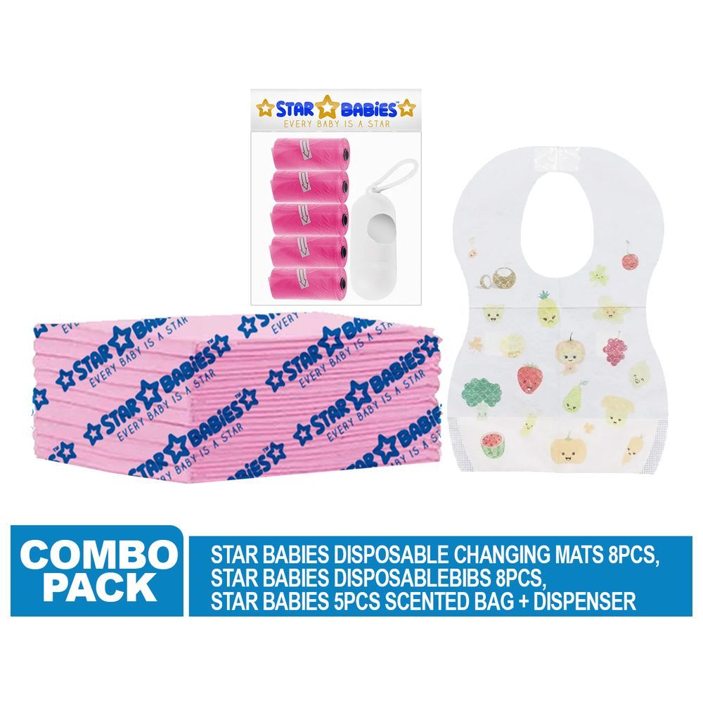 Star Babies - Disposable Changing Mat 8pcs, Bibs 8pcs, Scented Bag w/ Dispenser - Pink