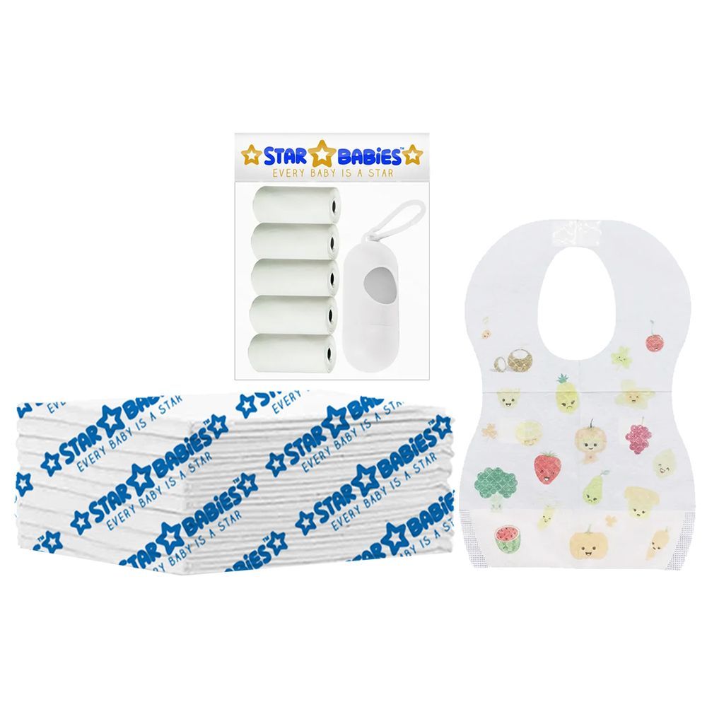 Star Babies - Disposable Changing Mat 8pcs, Bibs 8pcs, Scented Bag w/ Dispenser - White