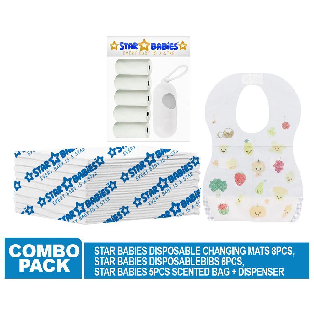 Star Babies - Disposable Changing Mat 8pcs, Bibs 8pcs, Scented Bag w/ Dispenser - White