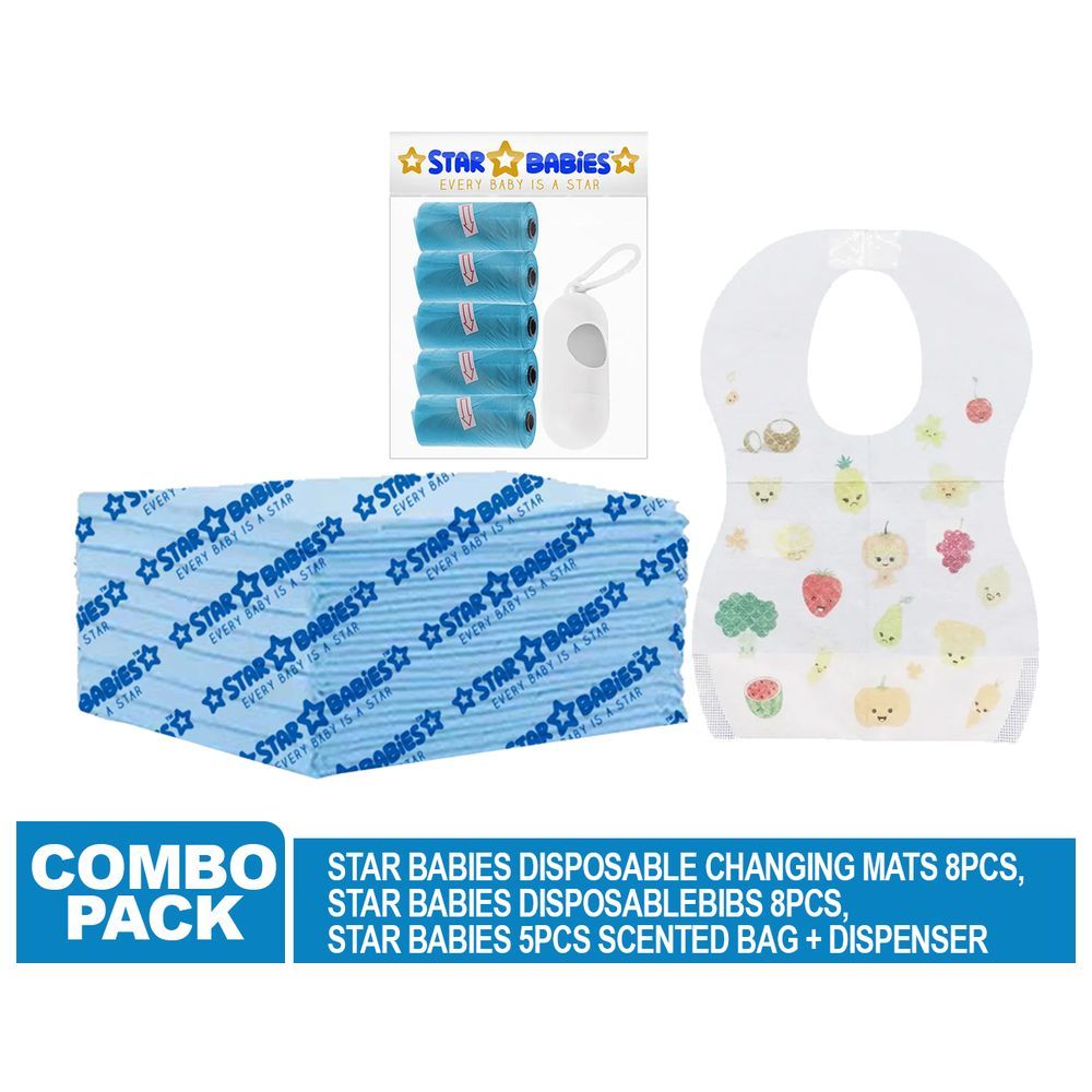 Star Babies - Disposable Changing Mat 8pcs, Bibs 8pcs, Scented Bag w/ Dispenser - Blue