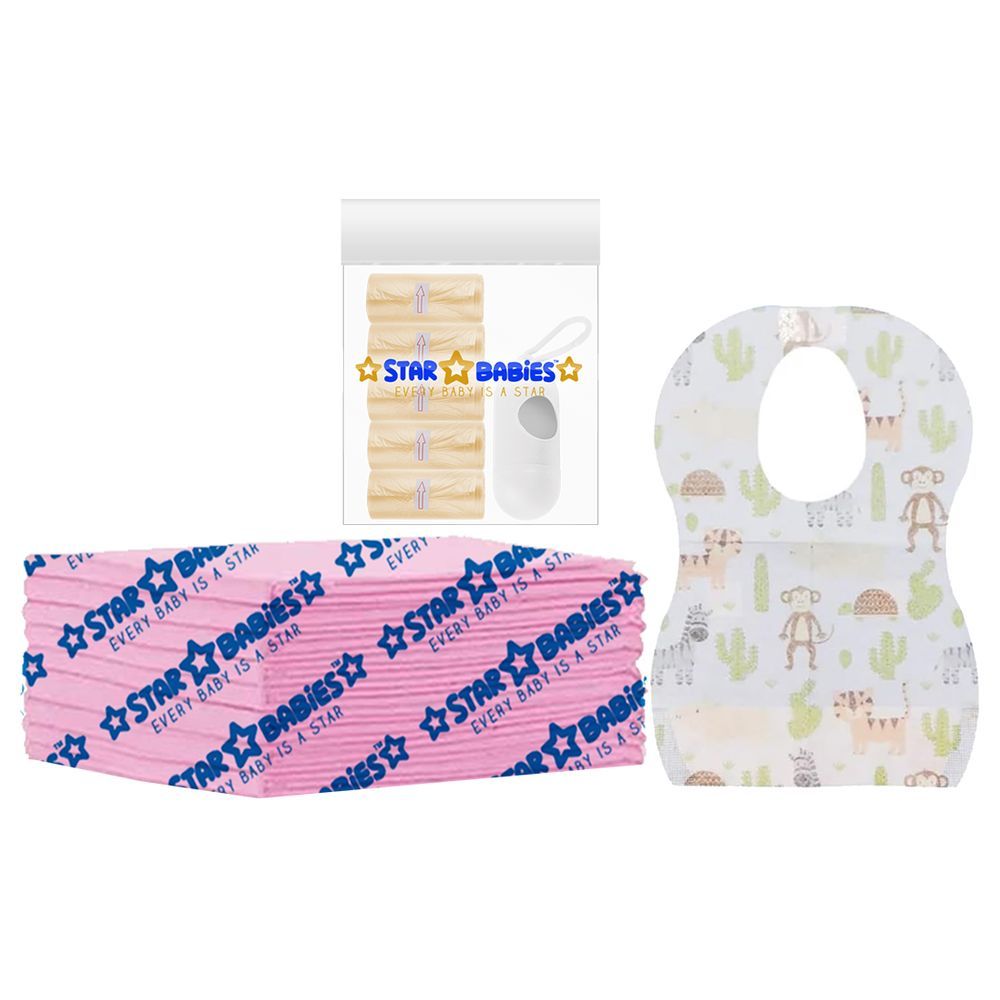 Star Babies - Disposable Changing Mat 8pcs, Bibs 8pcs, Scented Bag w/ Dispenser - Ivory