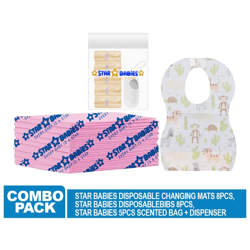 Star Babies - Disposable Changing Mat 8pcs, Bibs 8pcs, Scented Bag w/ Dispenser - Ivory