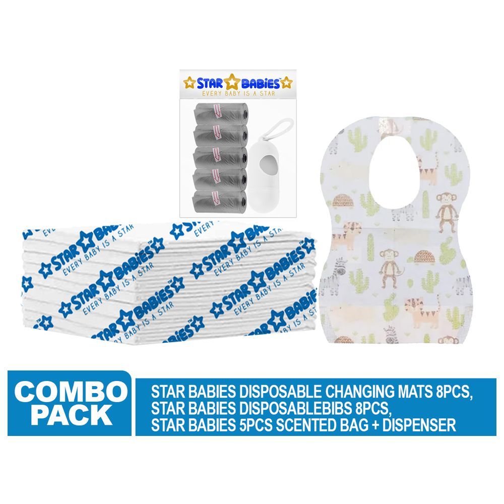 Star Babies - Disposable Changing Mat 8pcs, Bibs 8pcs, Scented Bag w/ Dispenser - Grey