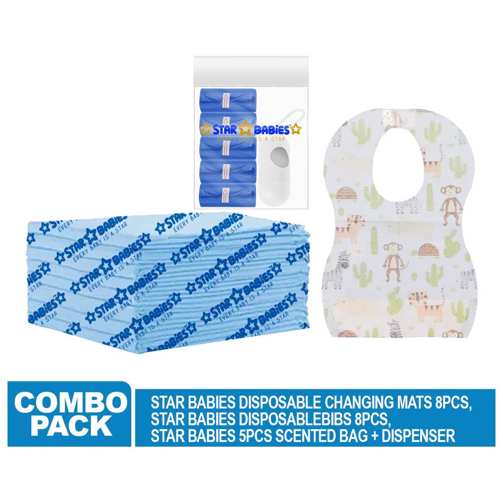 Star Babies - Disposable Changing Mat 8pcs, Bibs 8pcs, Scented Bag 5pcs w/ Dispenser