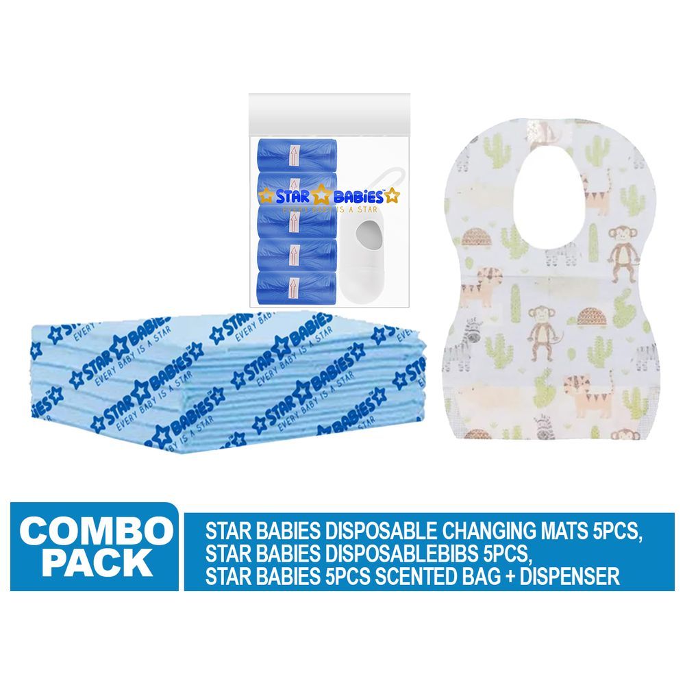 Star Babies - Disposable Changing Mat 5pcs, Printed Bibs 5pcs, Scented Bag w/ Dispenser