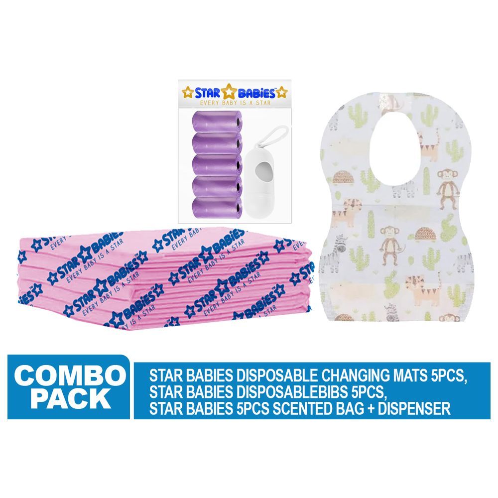 Star Babies - Disposable Changing Mat 5pcs, Bibs 5pcs, Scented Bag w/ Dispenser - Lavender