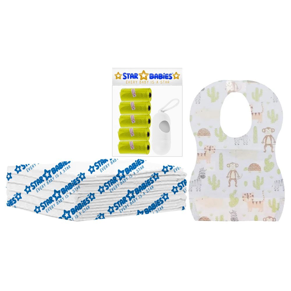 Star Babies - Disposable Changing Mat 5pcs, Bibs 5pcs, Scented Bag w/ Dispenser - Yellow