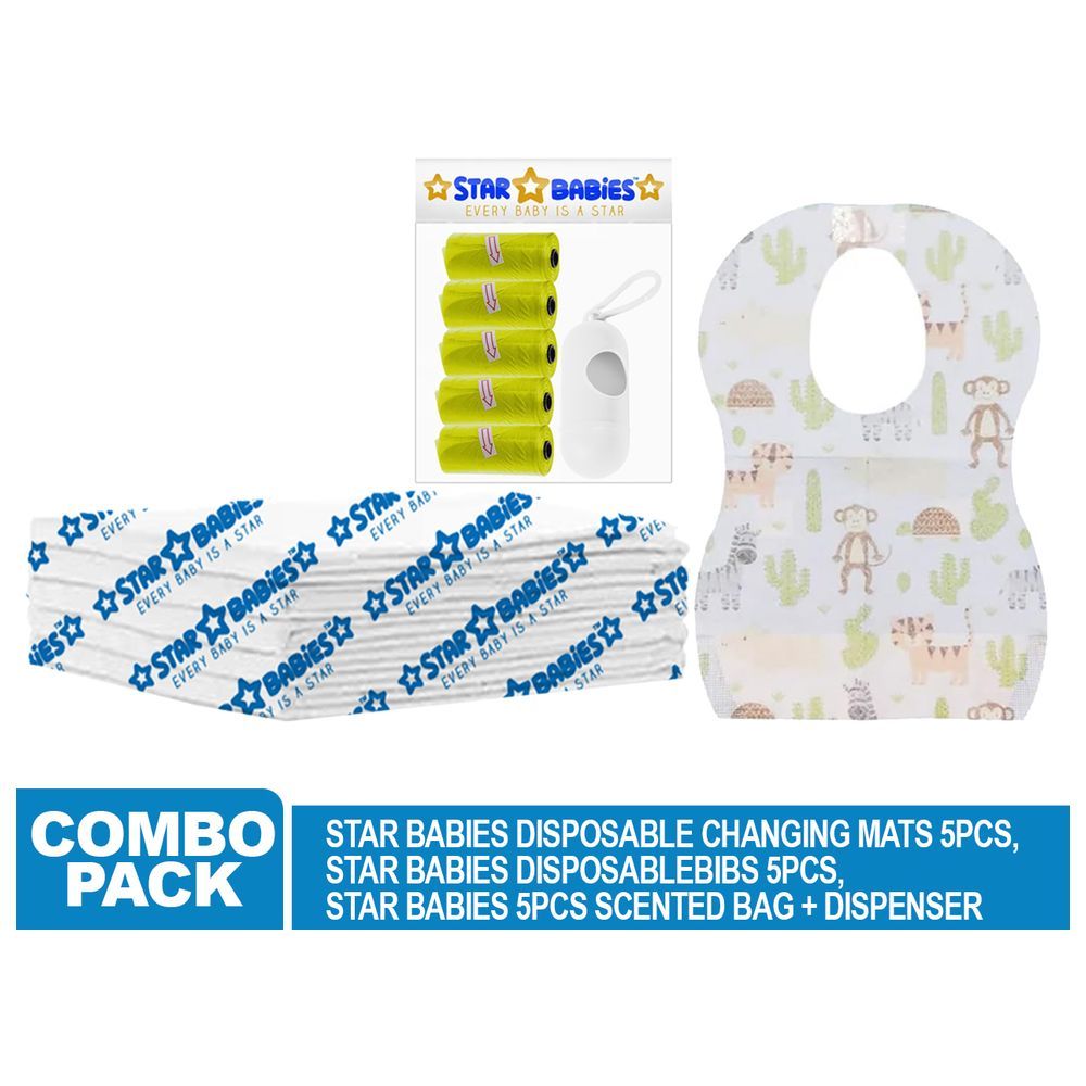 Star Babies - Disposable Changing Mat 5pcs, Bibs 5pcs, Scented Bag w/ Dispenser - Yellow