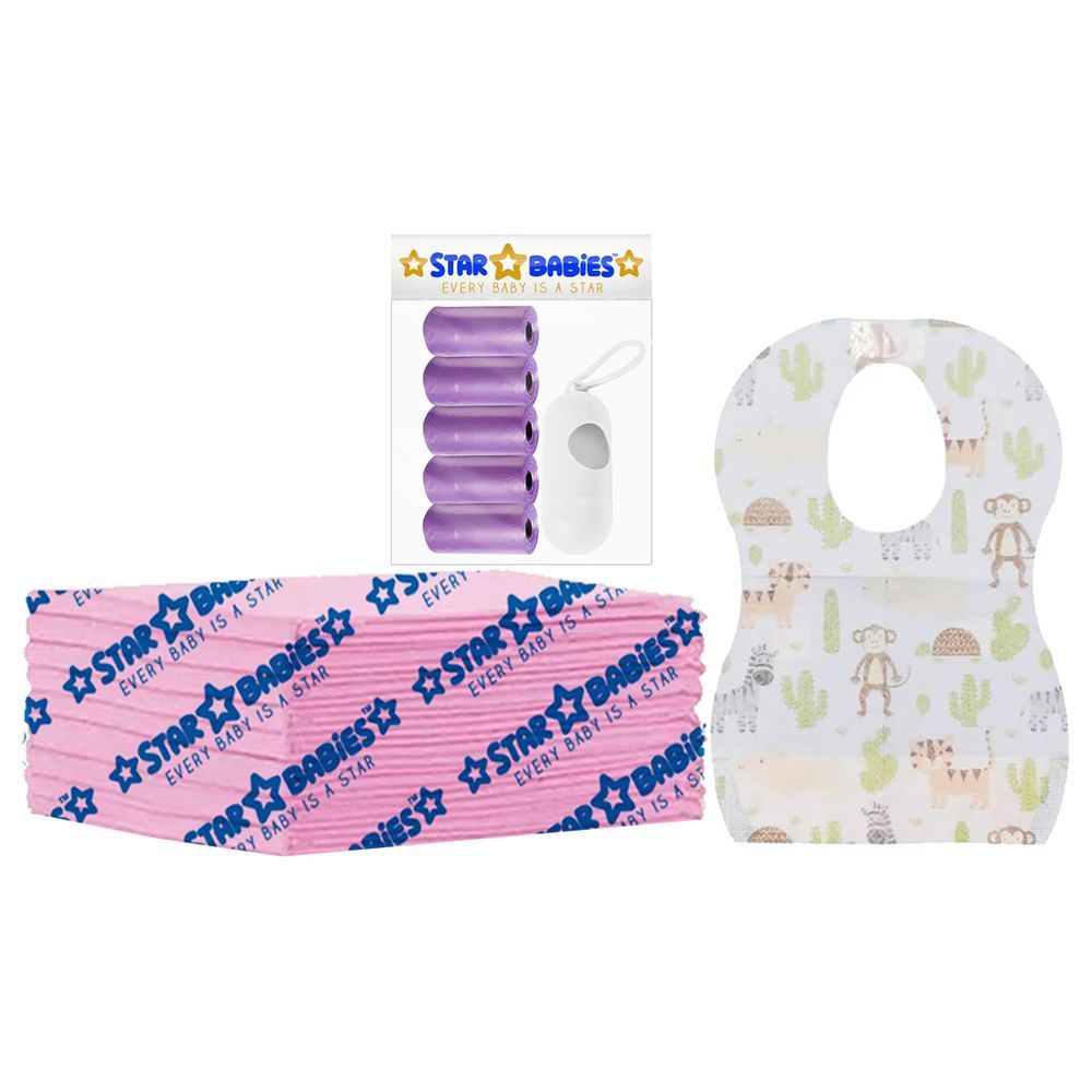 Star Babies - Disposable Changing Mat 8pcs, Bibs 8pcs, Scented Bag w/ Dispenser - Lavender