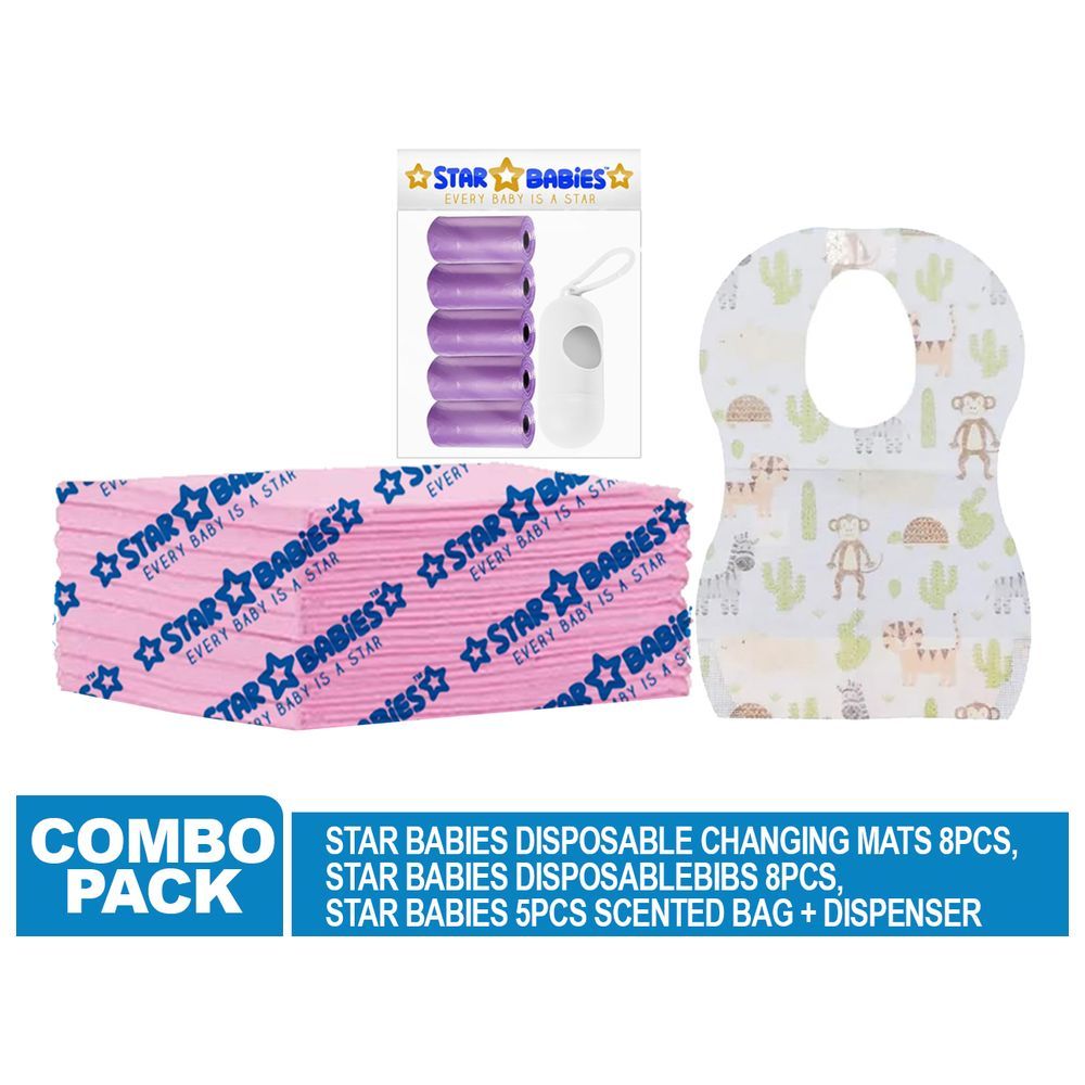 Star Babies - Disposable Changing Mat 8pcs, Bibs 8pcs, Scented Bag w/ Dispenser - Lavender