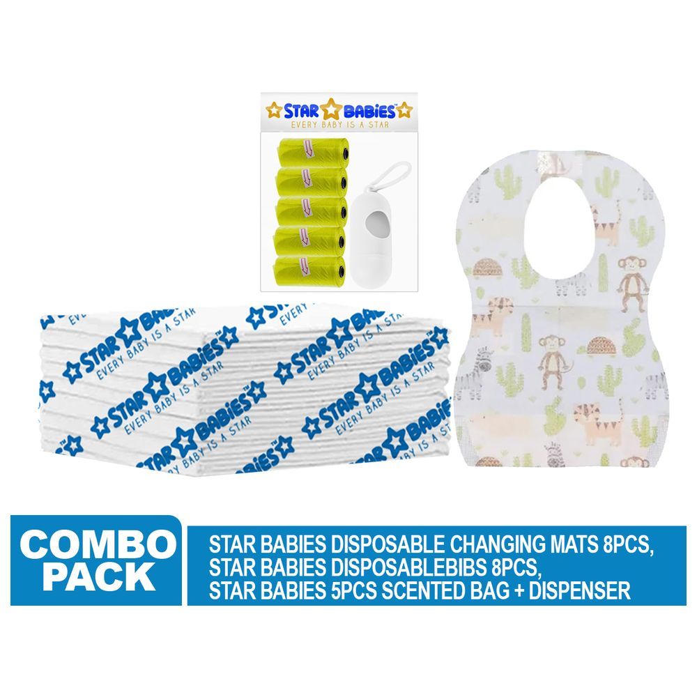 Star Babies - Disposable Changing Mat 8pcs, Bibs 8pcs, Scented Bag w/ Dispenser - Yellow