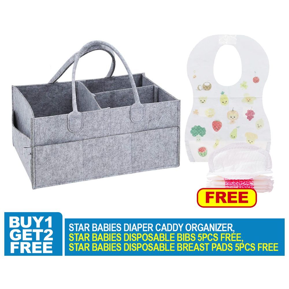 Star Babies - Caddy Diaper Bag w/ Breast Pad 5pcs & Disposable Bibs 5pcs - Grey