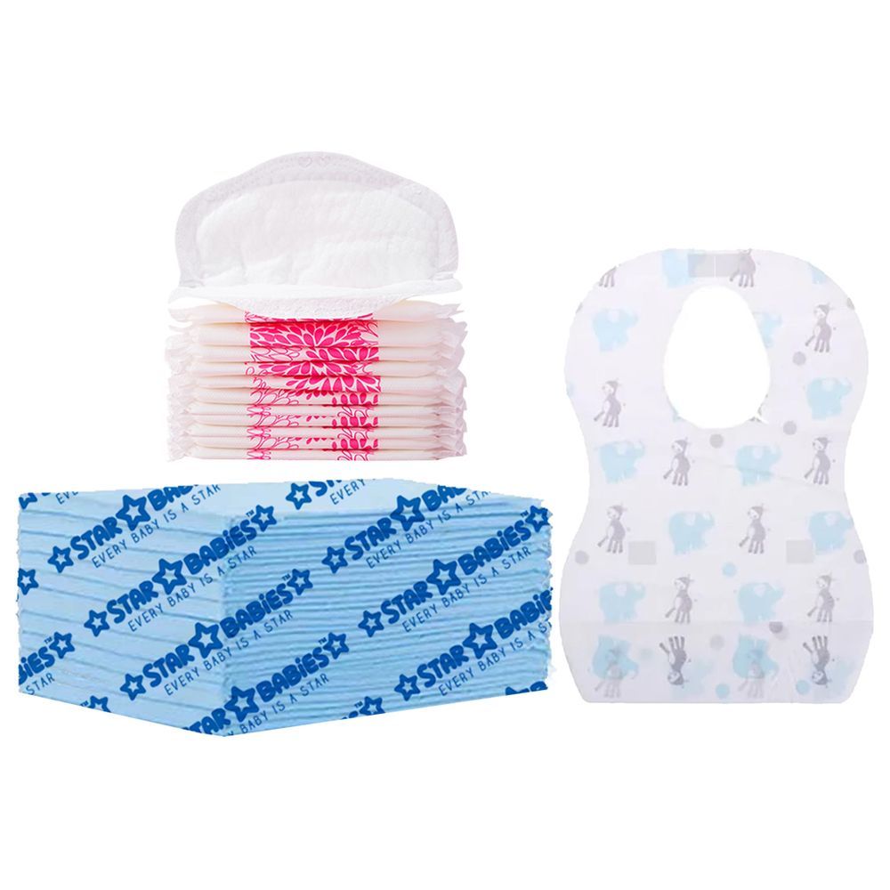 Star Babies - Changing Mat 12pcs w/ Breast Pad 12pcs & Disposable Bibs 12pcs - Blue