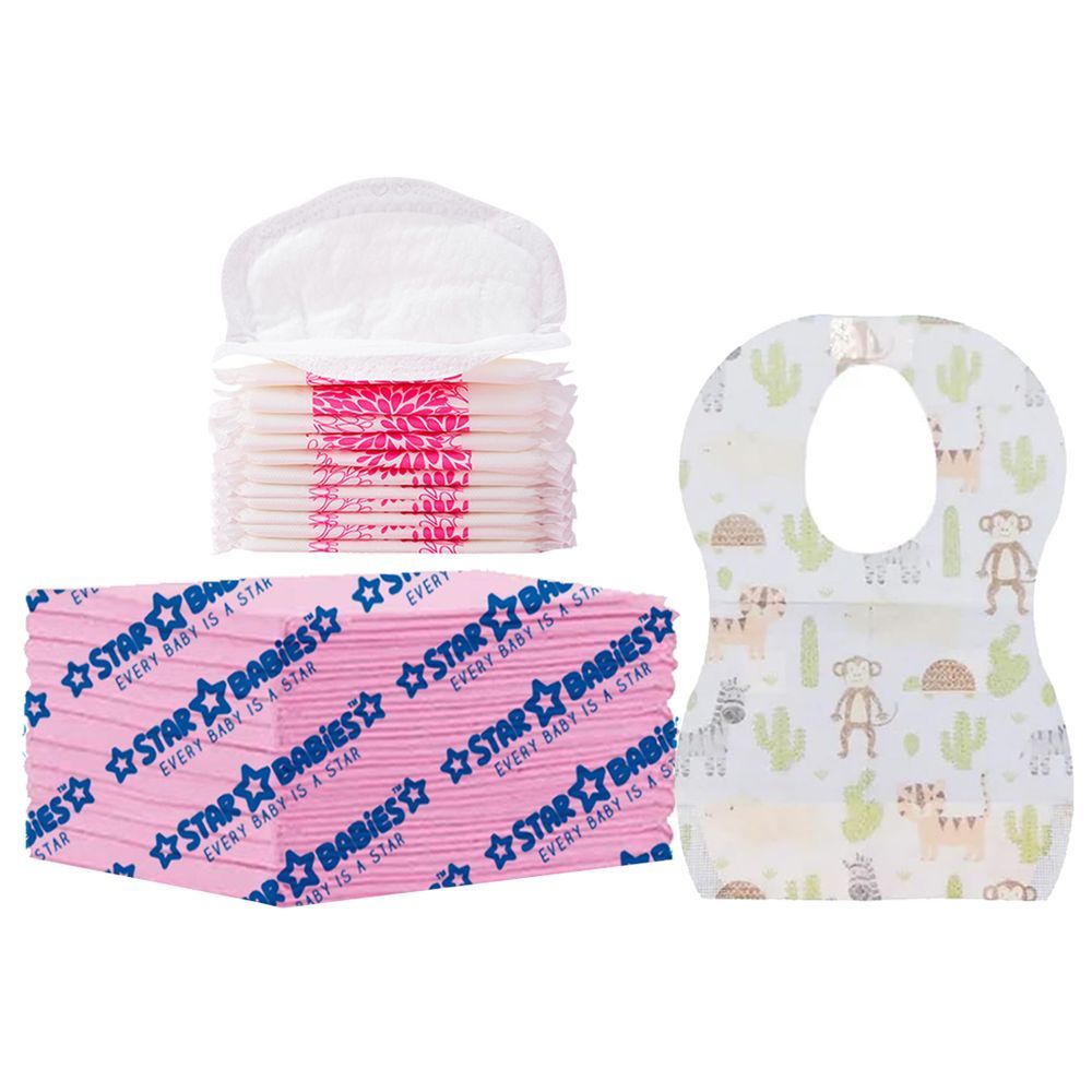 Star Babies - Changing Mat 12pcs w/ Breast Pad 12pcs & Disposable Bibs 12pcs - Pink