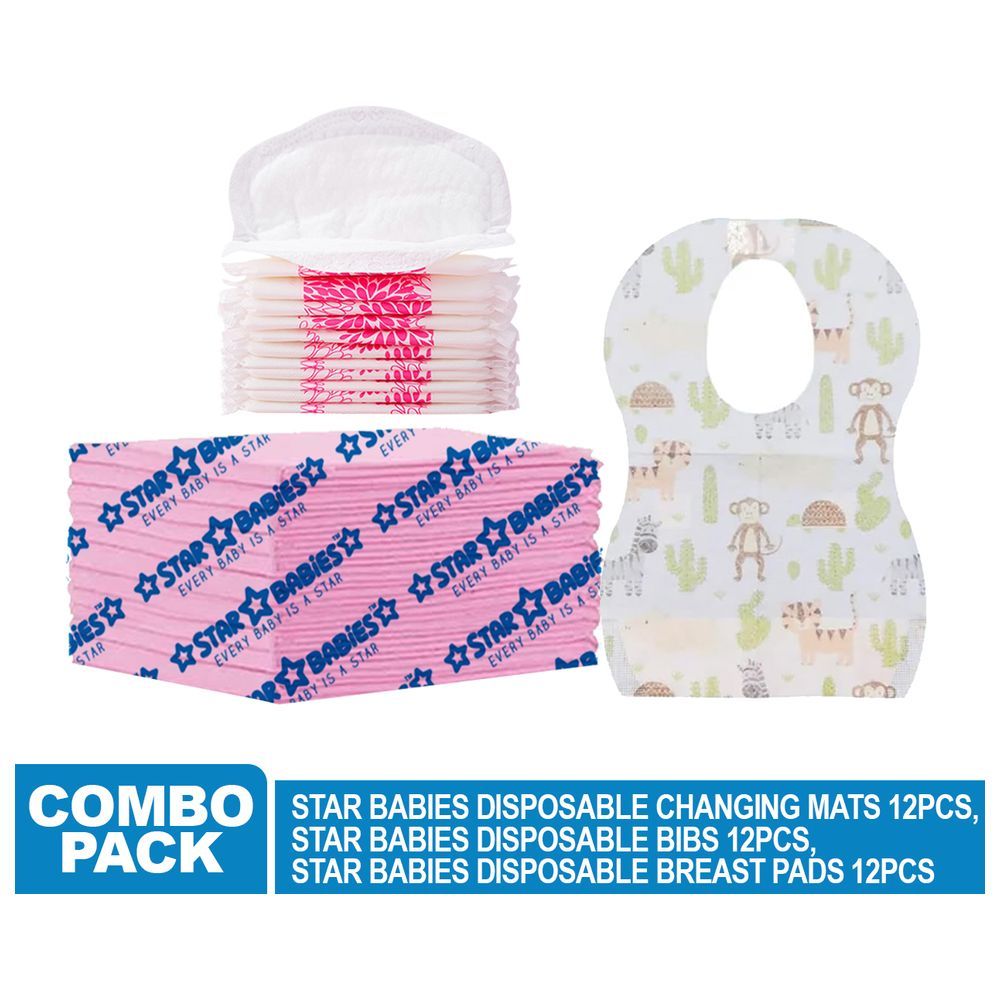 Star Babies - Changing Mat 12pcs w/ Breast Pad 12pcs & Disposable Bibs 12pcs - Pink