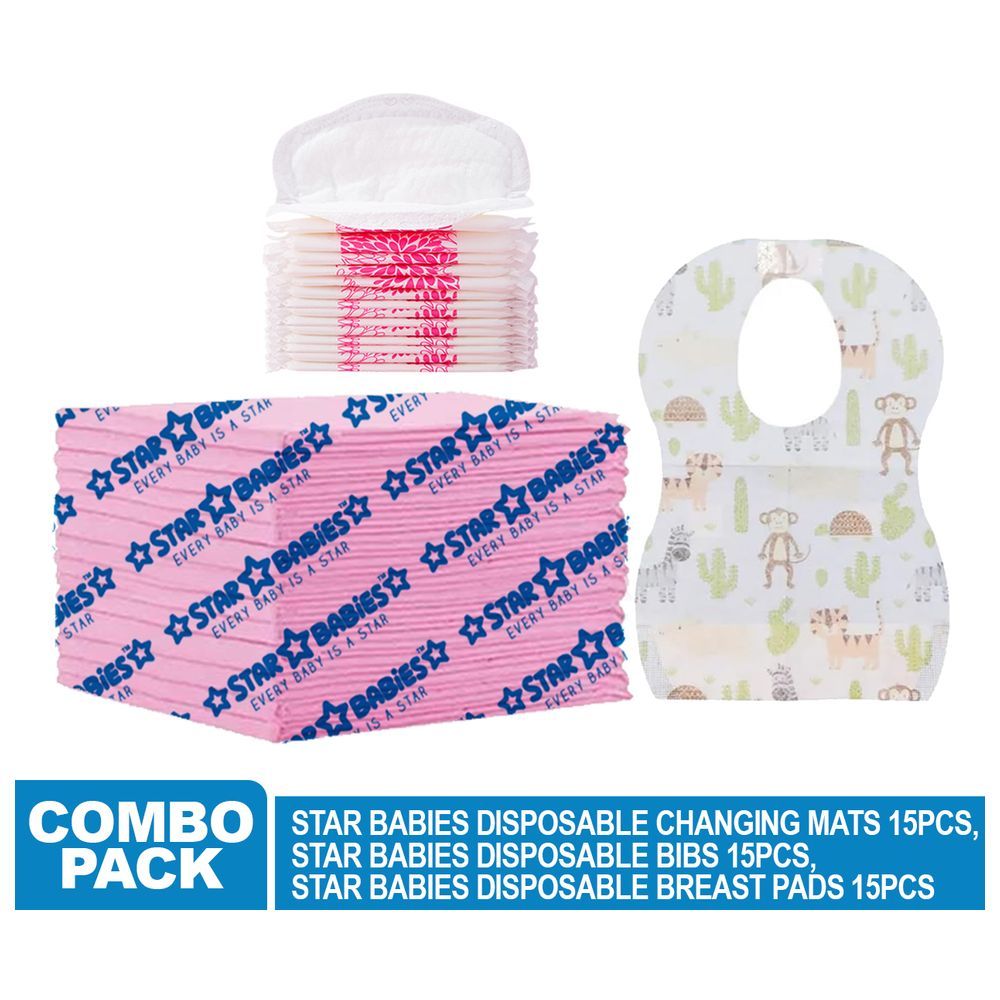 Star Babies - Changing Mat 15pcs w/ Breast Pad 15pcs & Disposable Bibs 15pcs - Pink