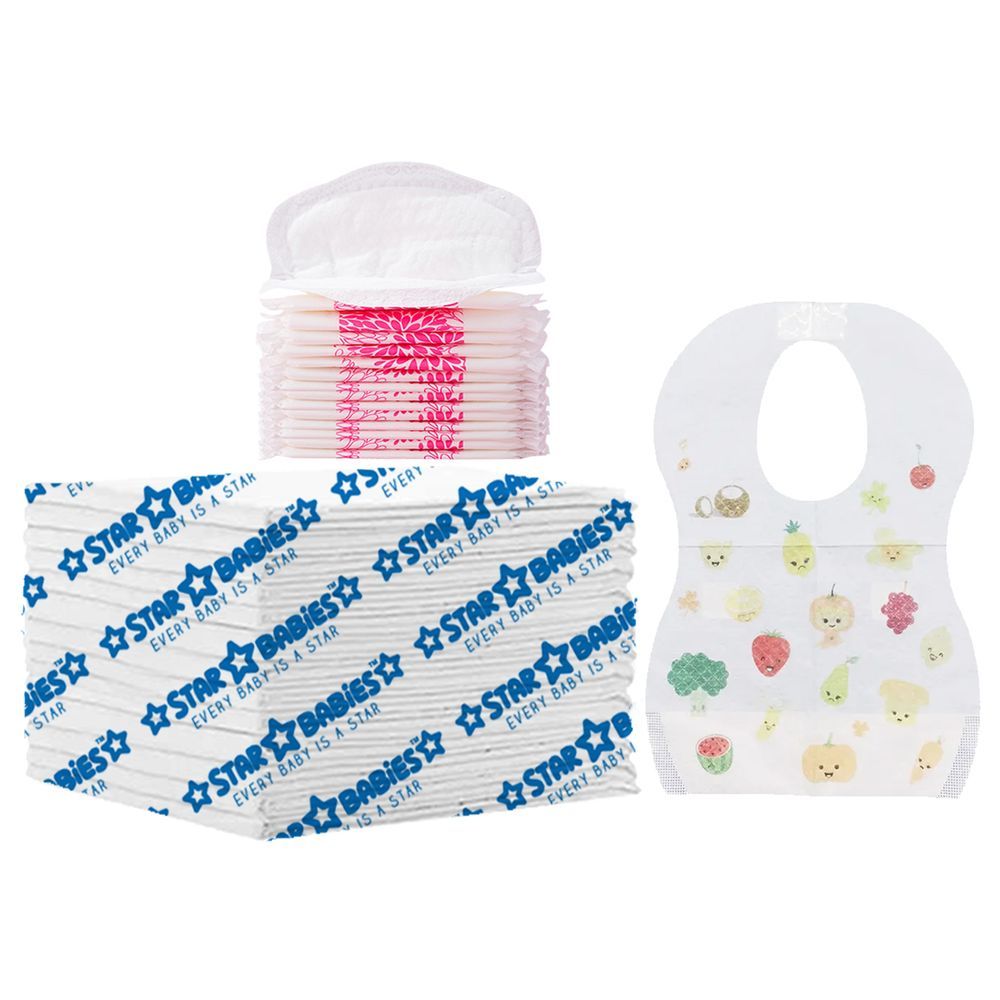 Star Babies - Changing Mat 15pcs w/ Breast Pad 15pcs & Disposable Bibs 15pcs - White