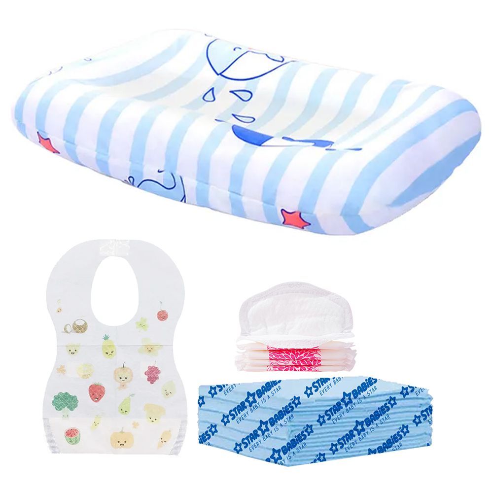 Star Babies - Changing Pad w/ Mat 6pcs, Breast Pad 5pcs & Disposable Bibs 5pcs - Blue