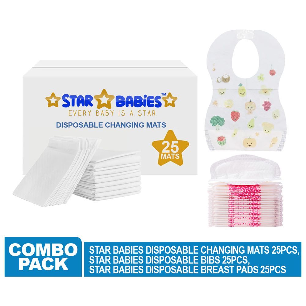 Star Babies - Changing Mat 25pcs w/ Breast Pad 25pcs & Disposable Bibs 25pcs - White